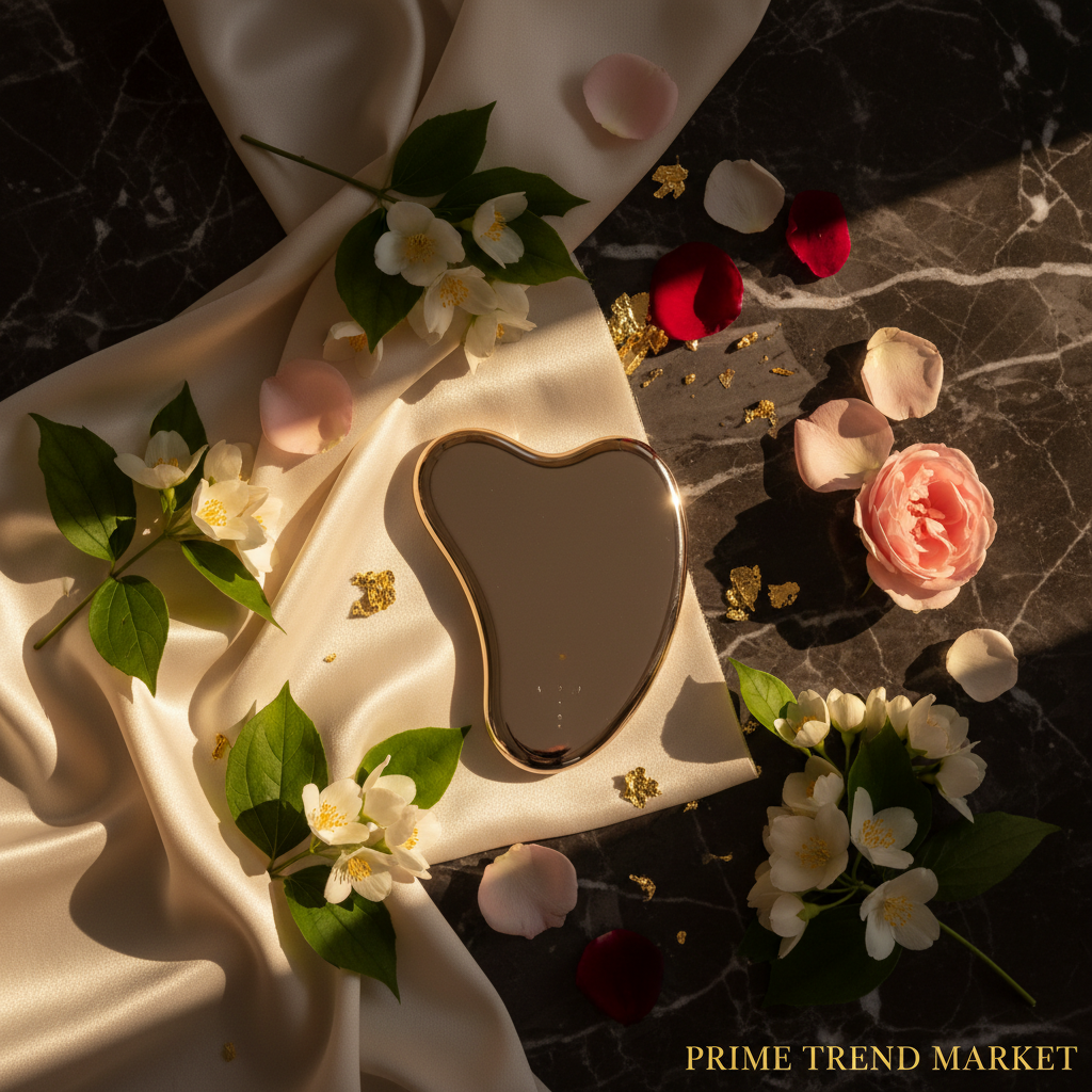 Luxury Electric Gua Sha Massager flatlay with jasmine and rose petals