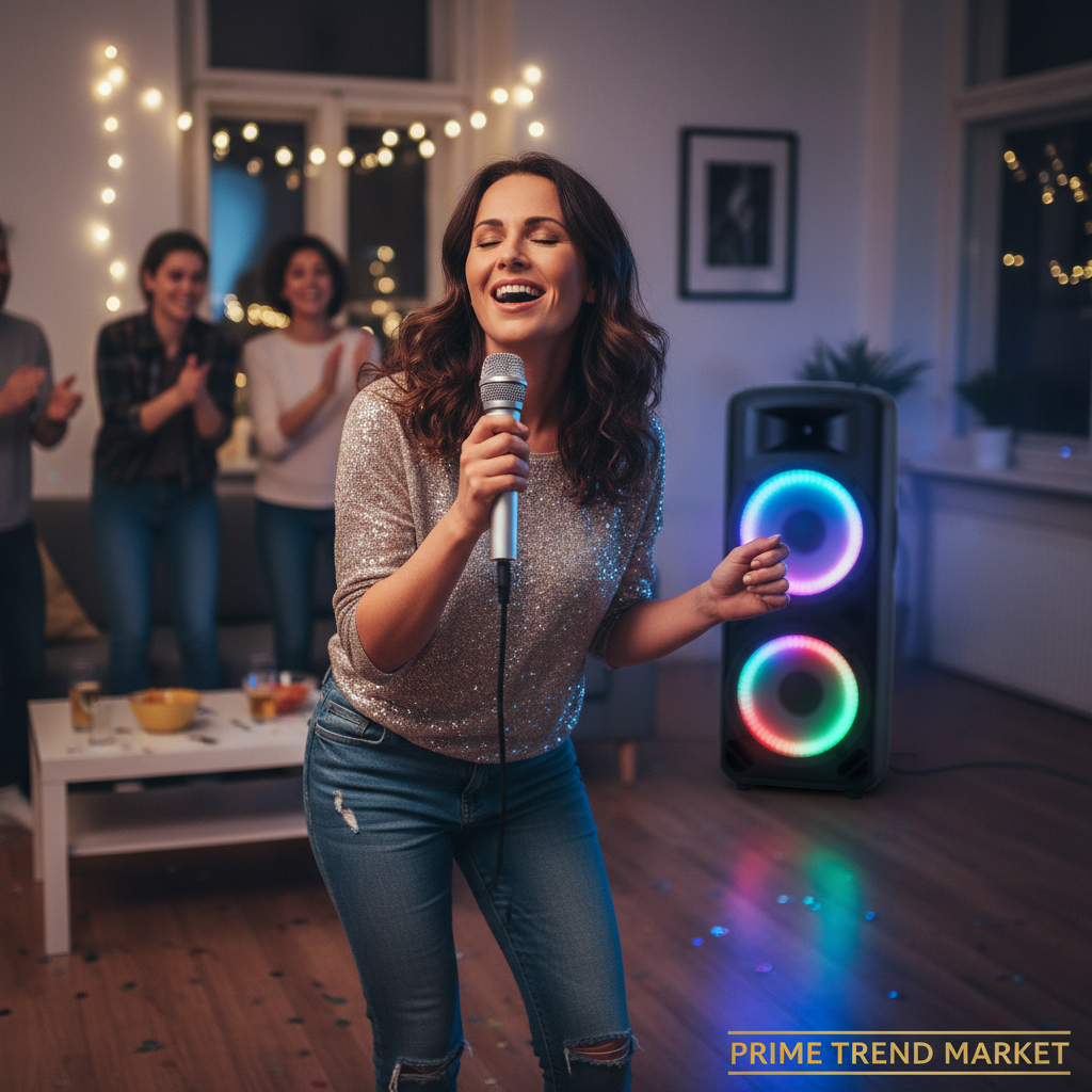 Woman Singing into Wireless Microphone at Home Karaoke Night — Prime Trend Market