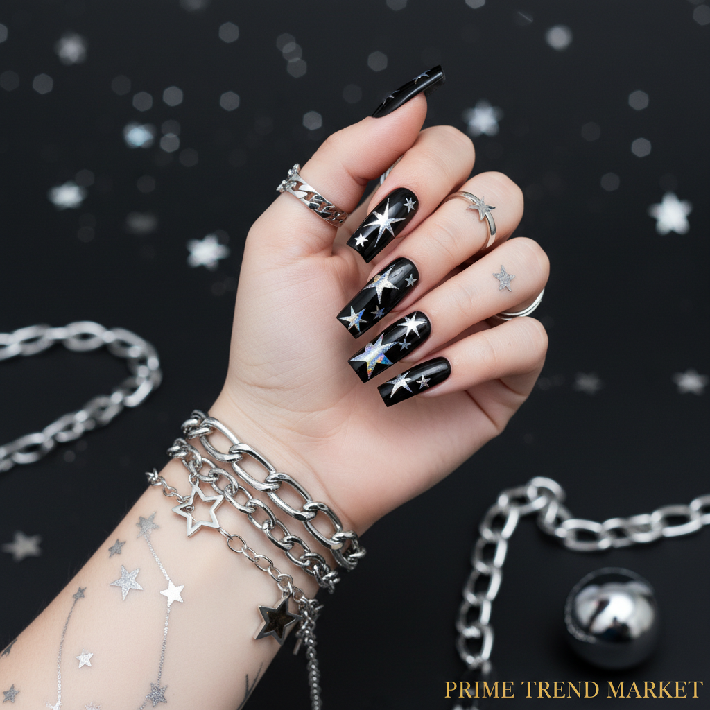 Hand wearing long square black silver star nail art press-on nails with dark moody silver star bokeh background
