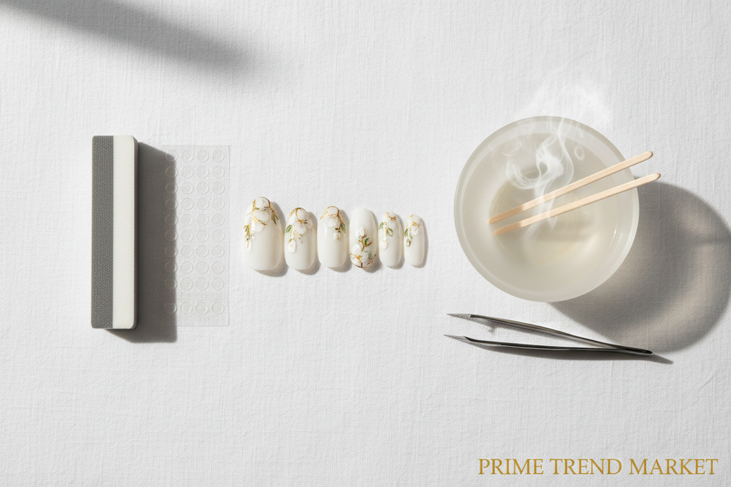 Press-on toenail application step flatlay - Prime Trend Market