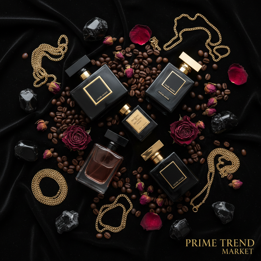 Temptation Niche Perfume Black and Red flat lay on black velvet with coffee beans and crystals - Prime Trend Market