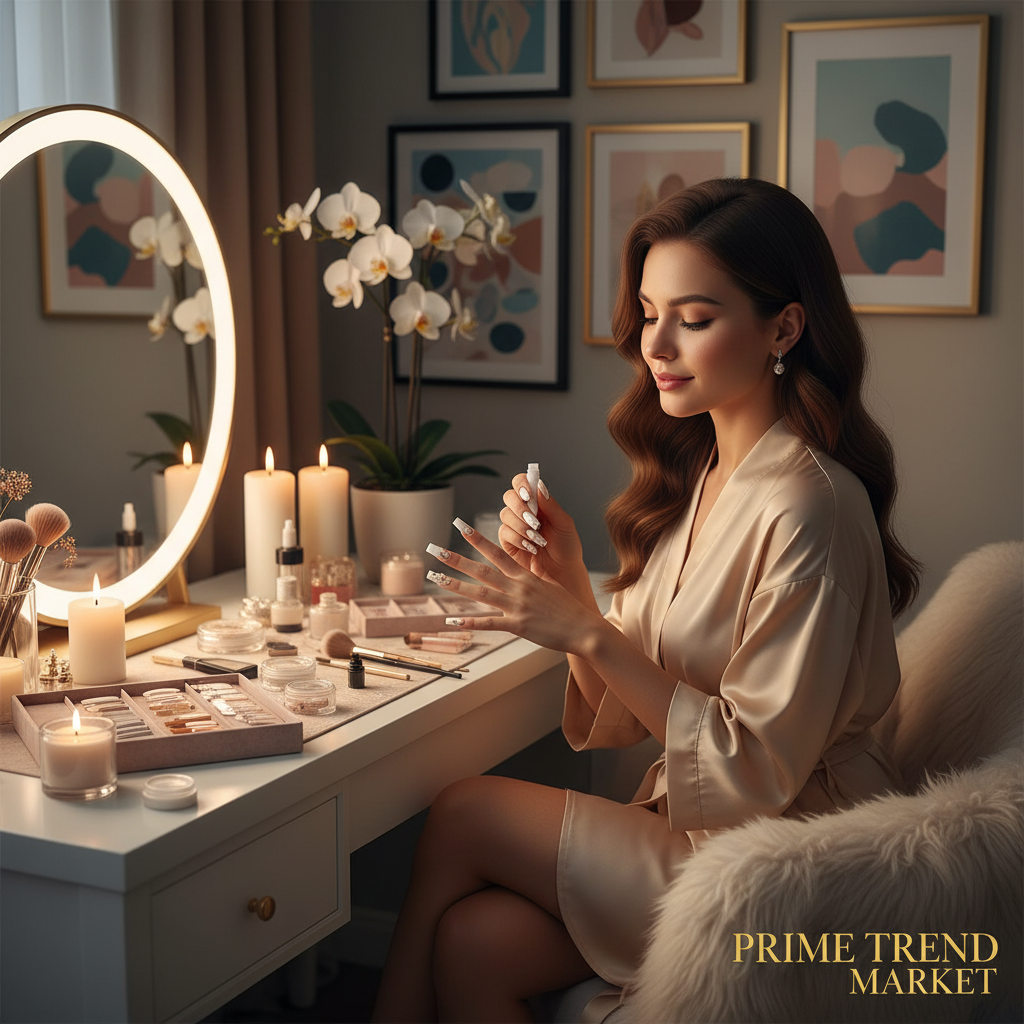 Woman applying pearl star press-on nails at vanity mirror