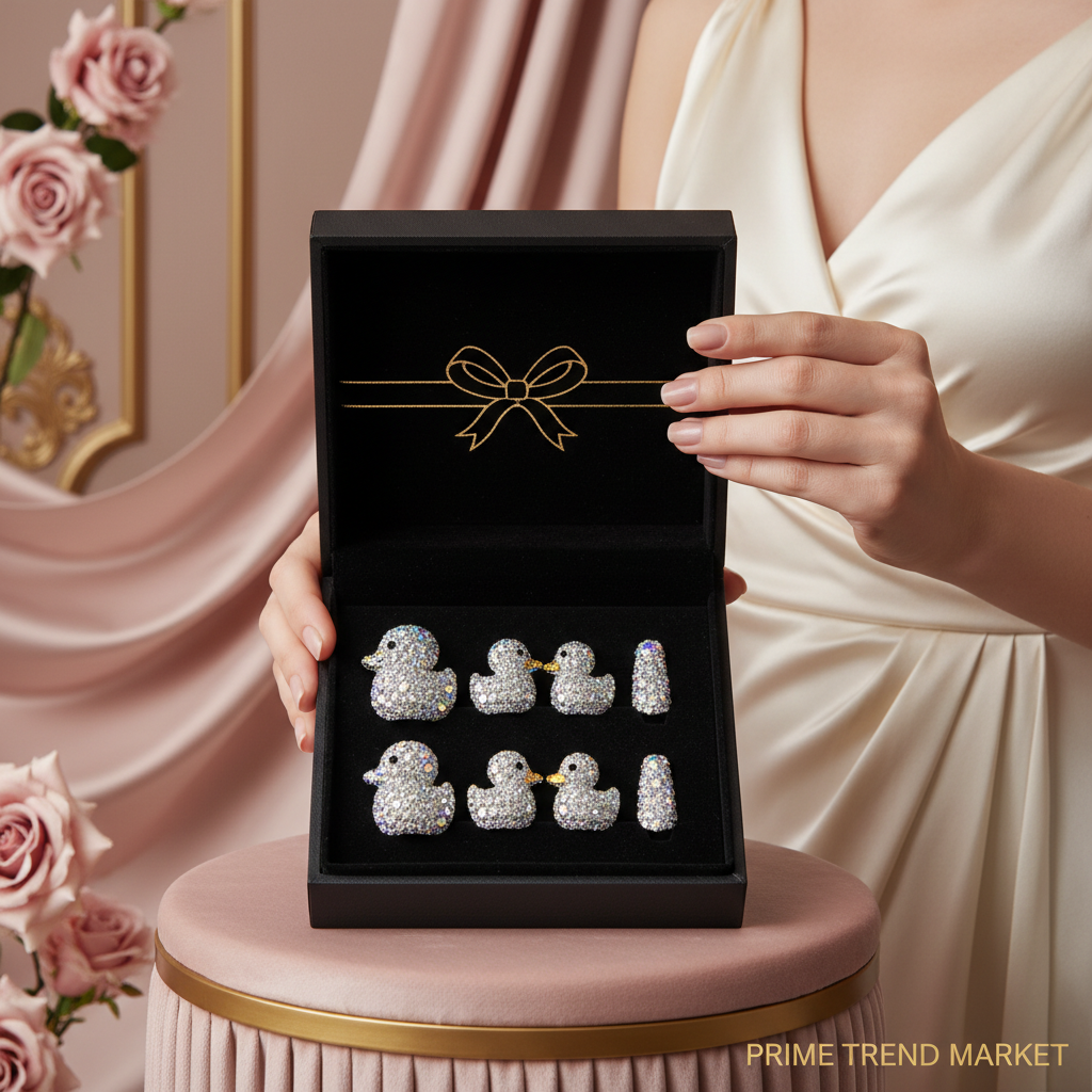 Luxury black gift box with full diamond duck press-on nails pink and gold studio