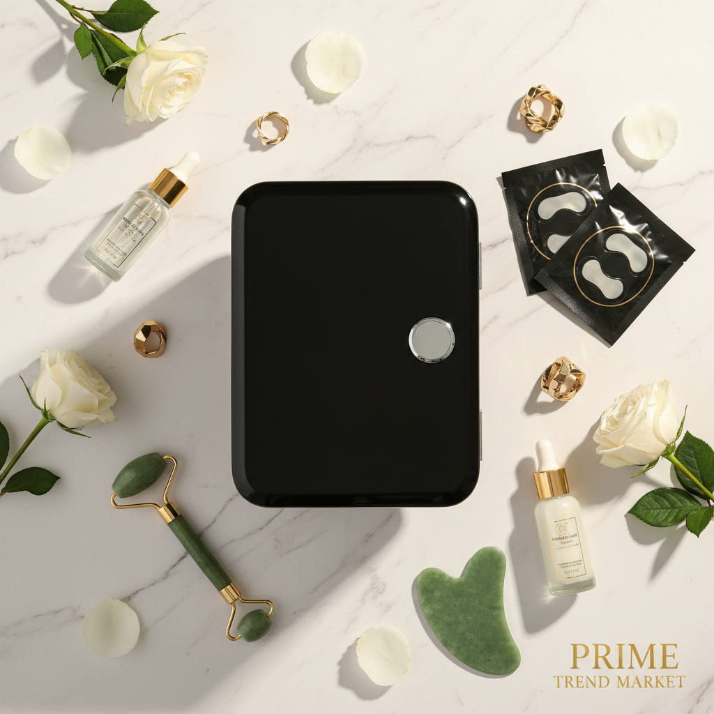 Vevor 6L skincare mini fridge on marble with serums, eye masks and white roses — Prime Trend Market