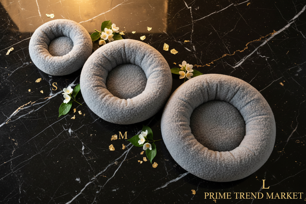 Three premium grey lamb wool round pet beds in S, M, L sizes on dark marble