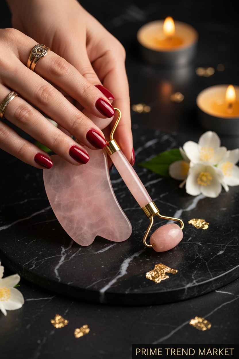 Elegant hands holding Crystal Jade Roller Spa Set