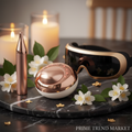 Three luxury eye care devices on dark marble with jasmine flowers and gold leaf