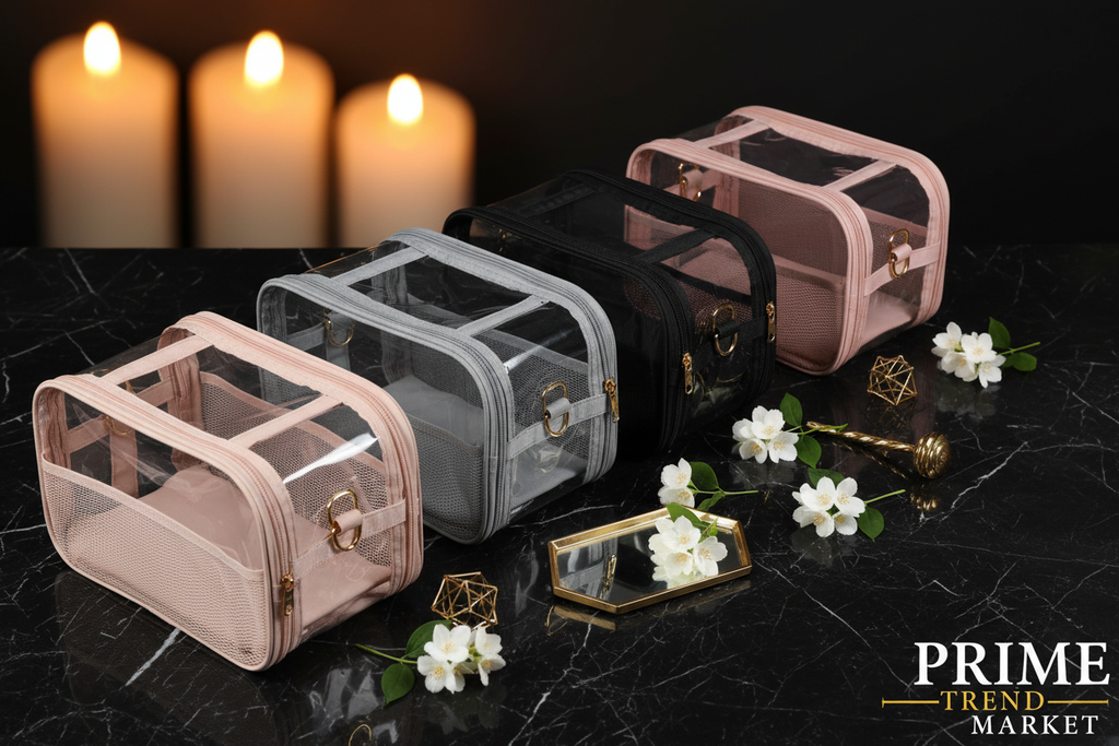 All 4 colors transparent pet carrier bag flat lay