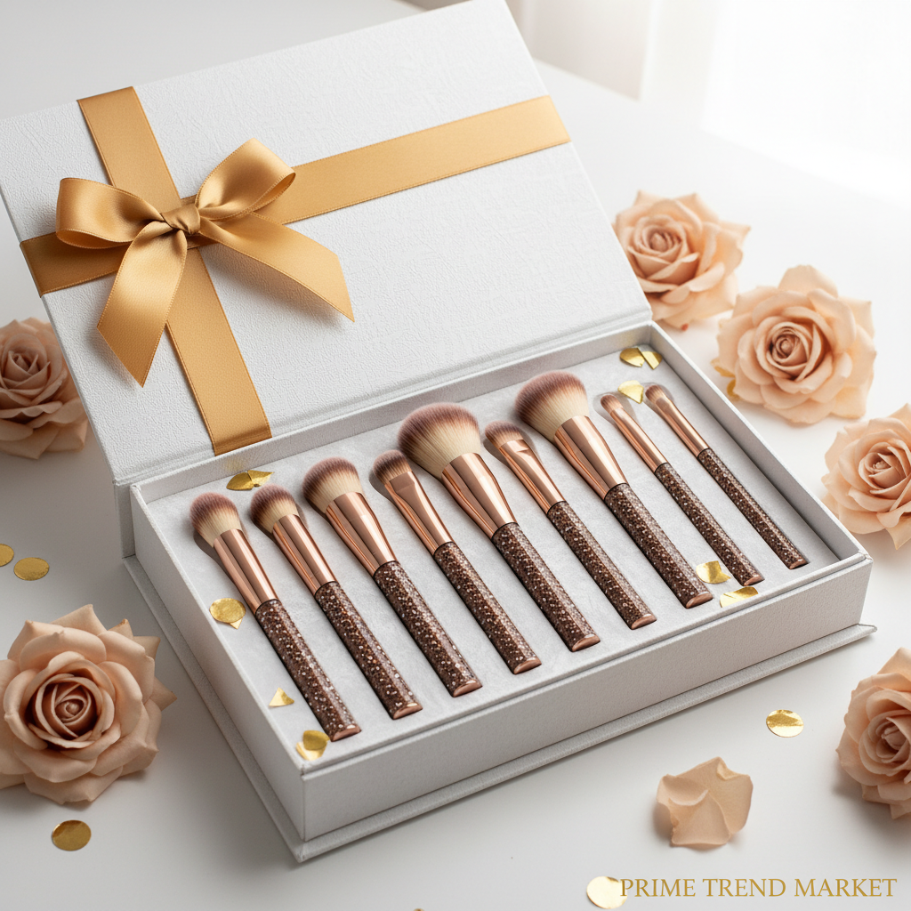 Brown diamond rivet crystal luxury makeup brush set in premium gift box with gold ribbon and nude roses