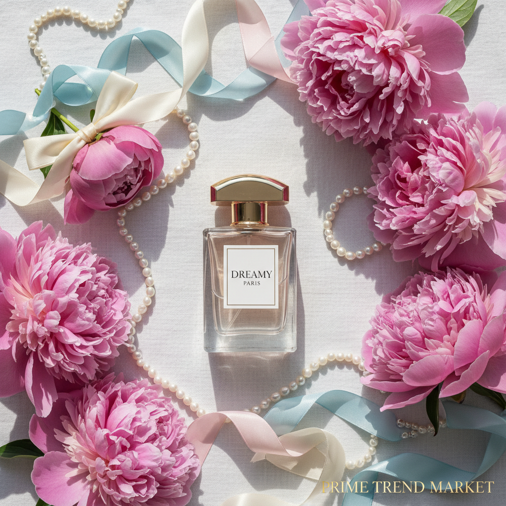 Dreamy Paris perfume flat lay with pink peonies and pearl jewelry