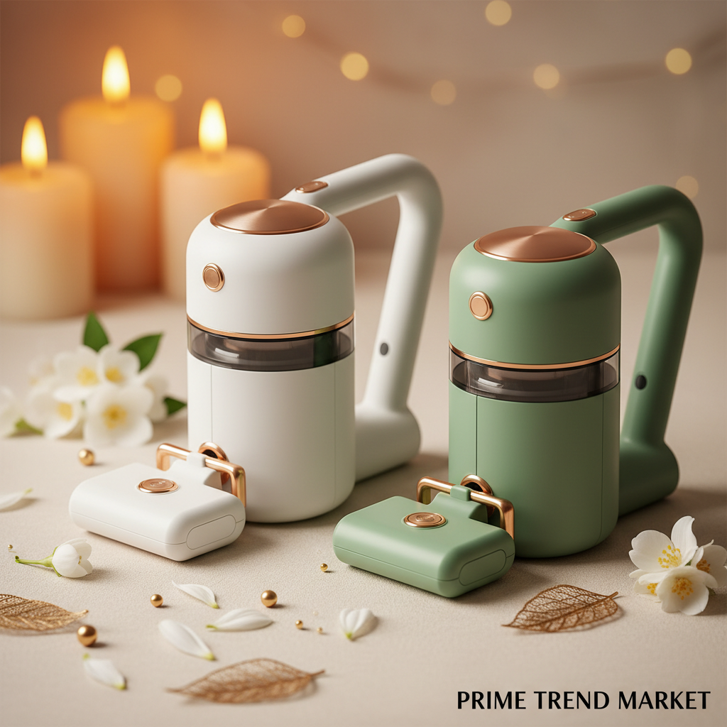 White and green cordless mini vacuum cleaners on cream ivory surface with jasmine petals - Prime Trend Market