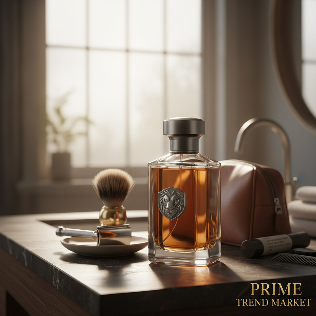 Men's fragrance on bathroom vanity with grooming essentials