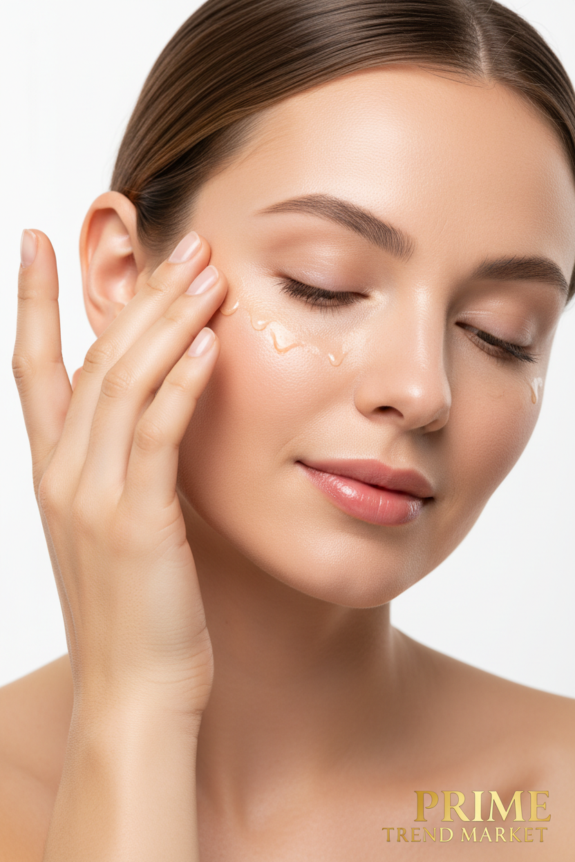Woman applying EELHOE peptide serum around eye area with glowing smooth skin — Prime Trend Market