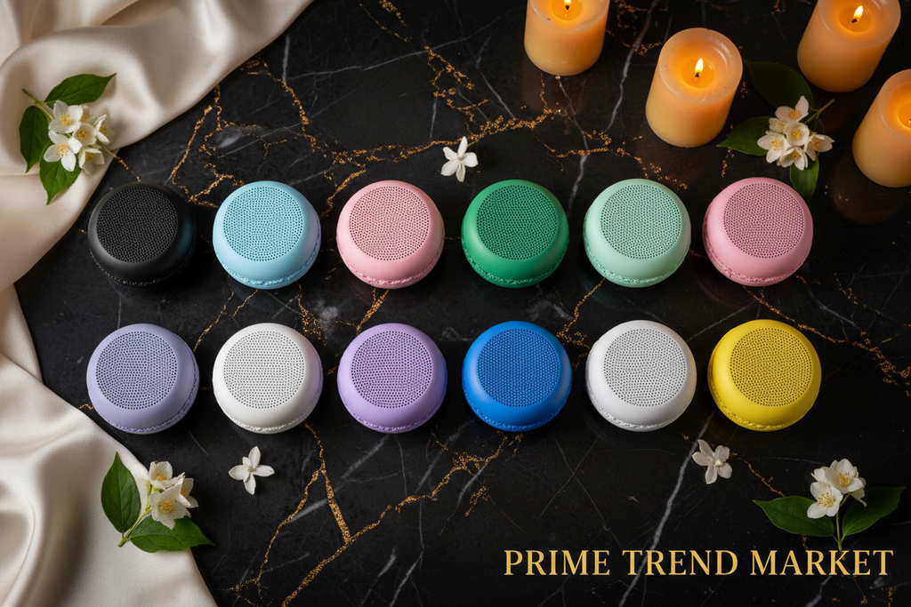 Macaron Mini Bluetooth Speaker - All 12 Pastel Colors flat lay hero Prime Trend Market