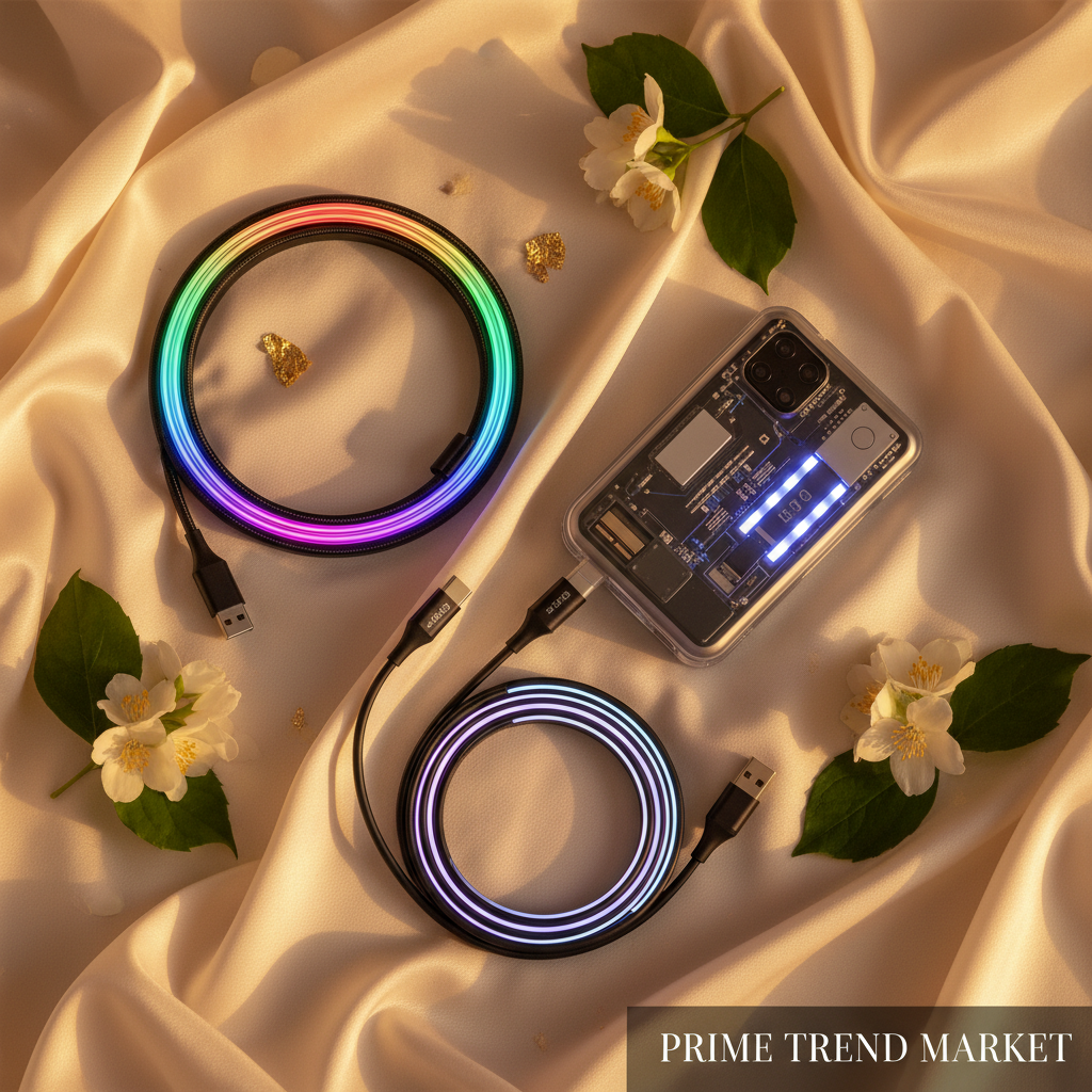 RGB streamer LED cable, magnetic LED cable and transparent power bank on cream silk
