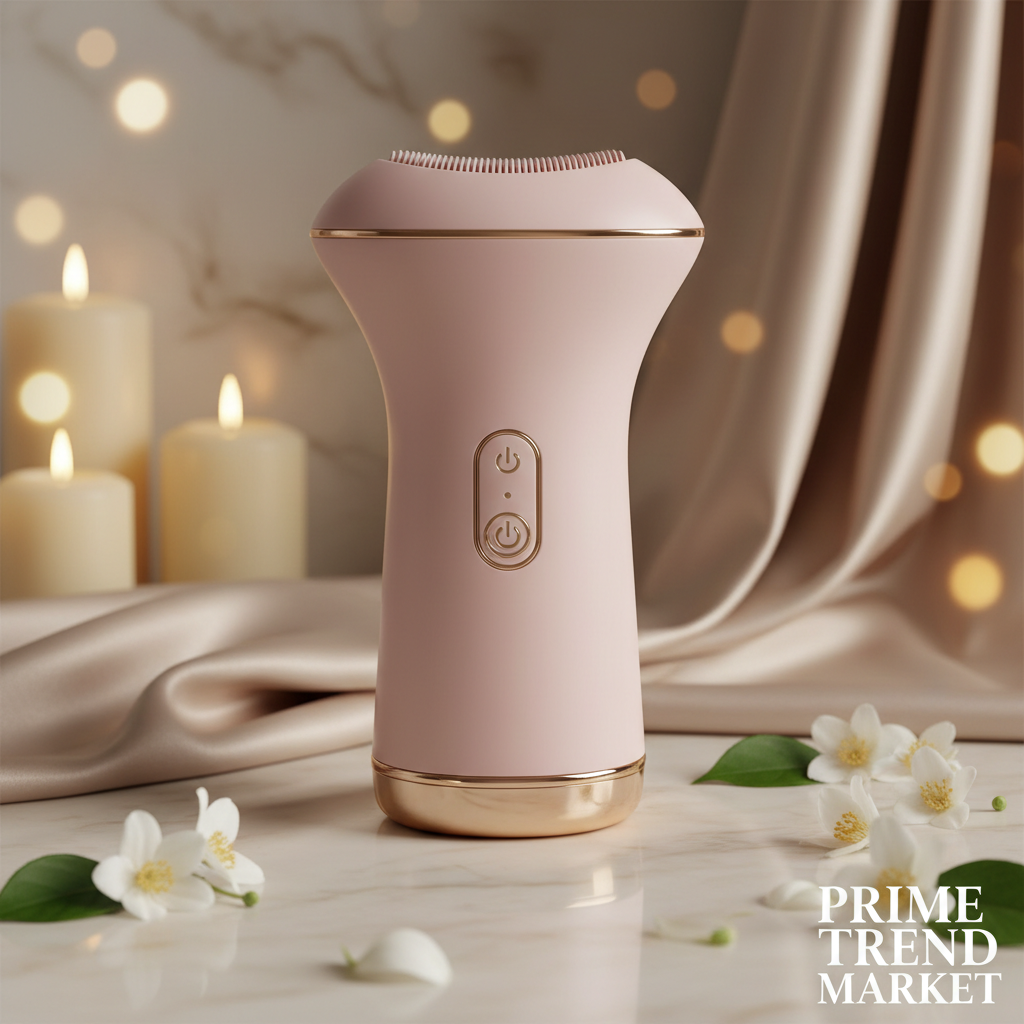 Luxury Electric Facial Cleansing Device Pink on cream marble with jasmine petals — Prime Trend Market
