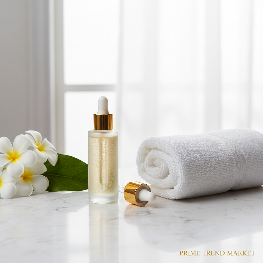 Luxury spa setup with body shimmer oil bottle gold dropper and tropical flowers