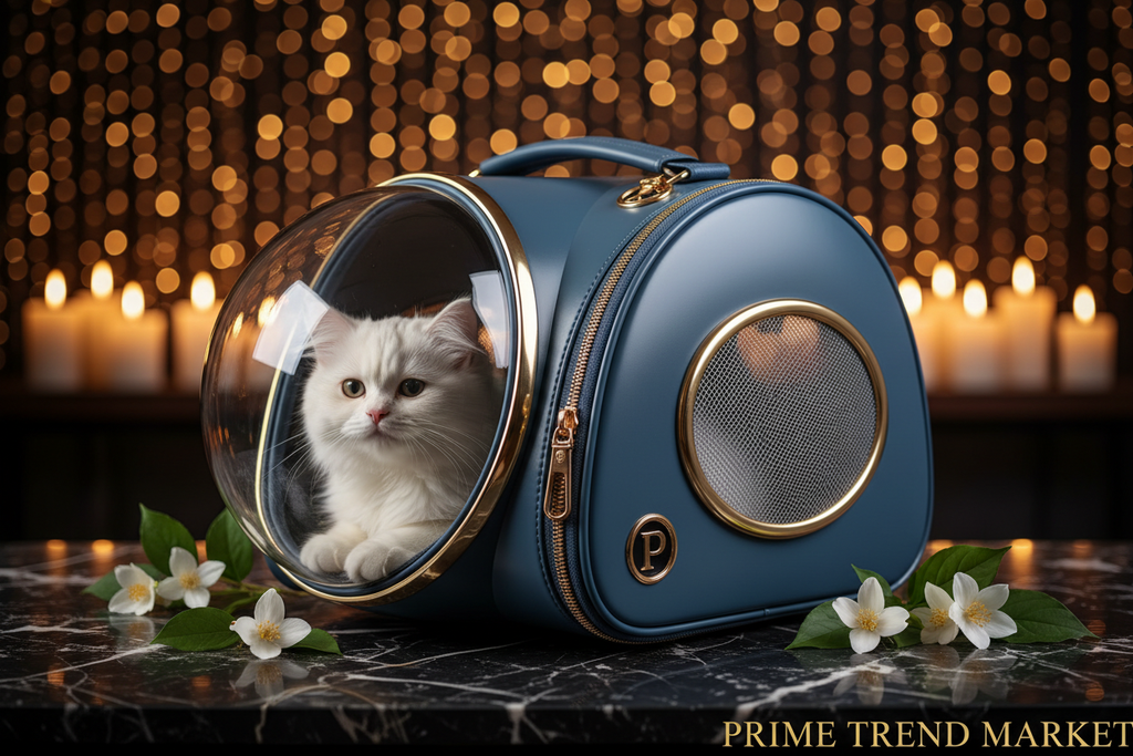 Blue space capsule pet carrier bag luxury editorial on black marble