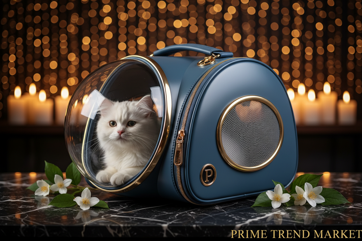 Blue space capsule pet carrier bag luxury editorial on black marble