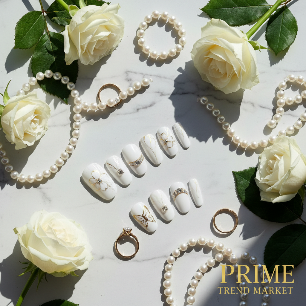 White flower diamond butterfly press-on nails bridal flat lay - Prime Trend Market