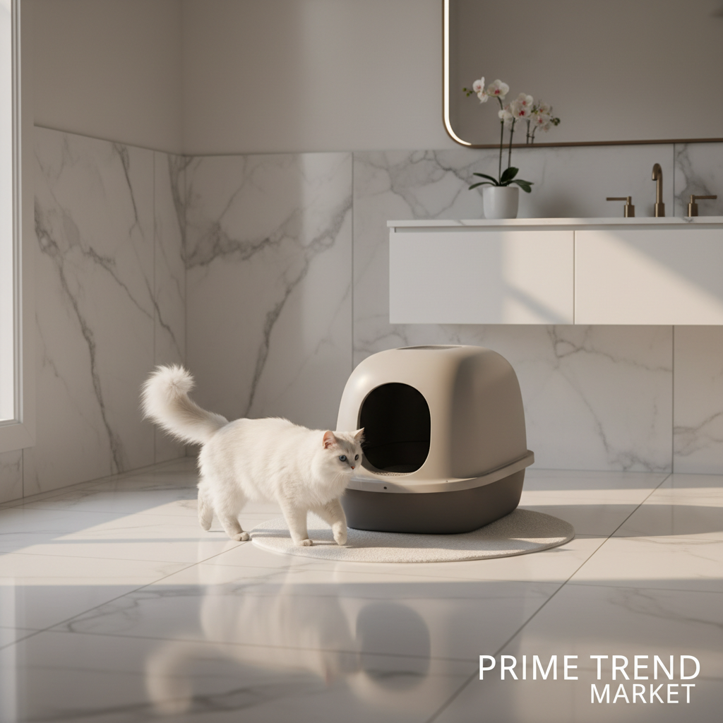 Premium enclosed grey cat litter box in luxury minimalist white bathroom with fluffy white cat