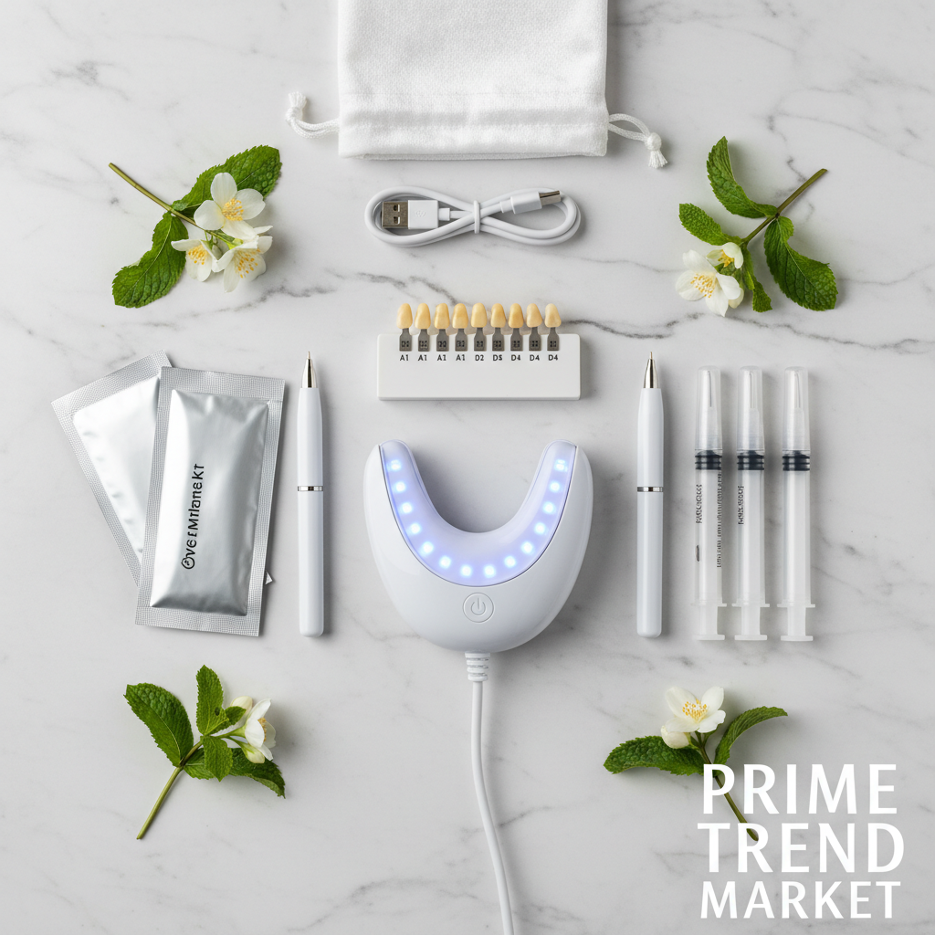 Complete LED teeth whitening kit flat lay with tray, strips, pens, gel syringes, shade guide and storage bag on white marble