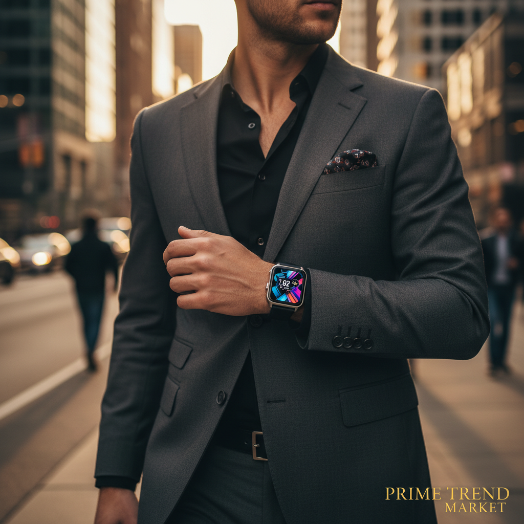 Stylish man wearing MAX18 AMOLED smartwatch in urban city setting