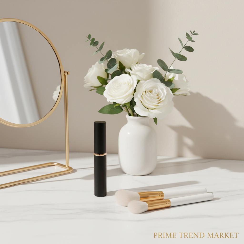Luxury vanity setup with black mascara tube and white flowers