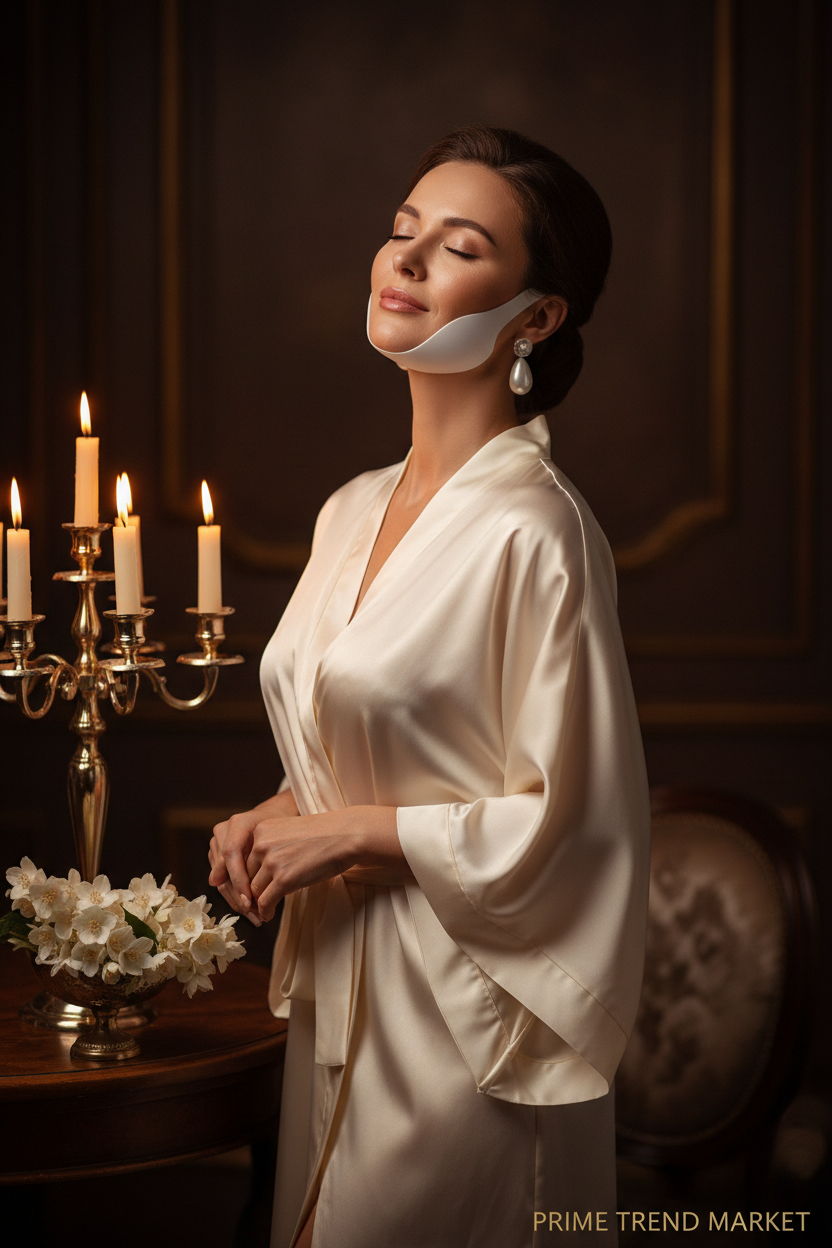 Elegant woman wearing V-shape chin lifting device at candlelit vanity in cream silk robe