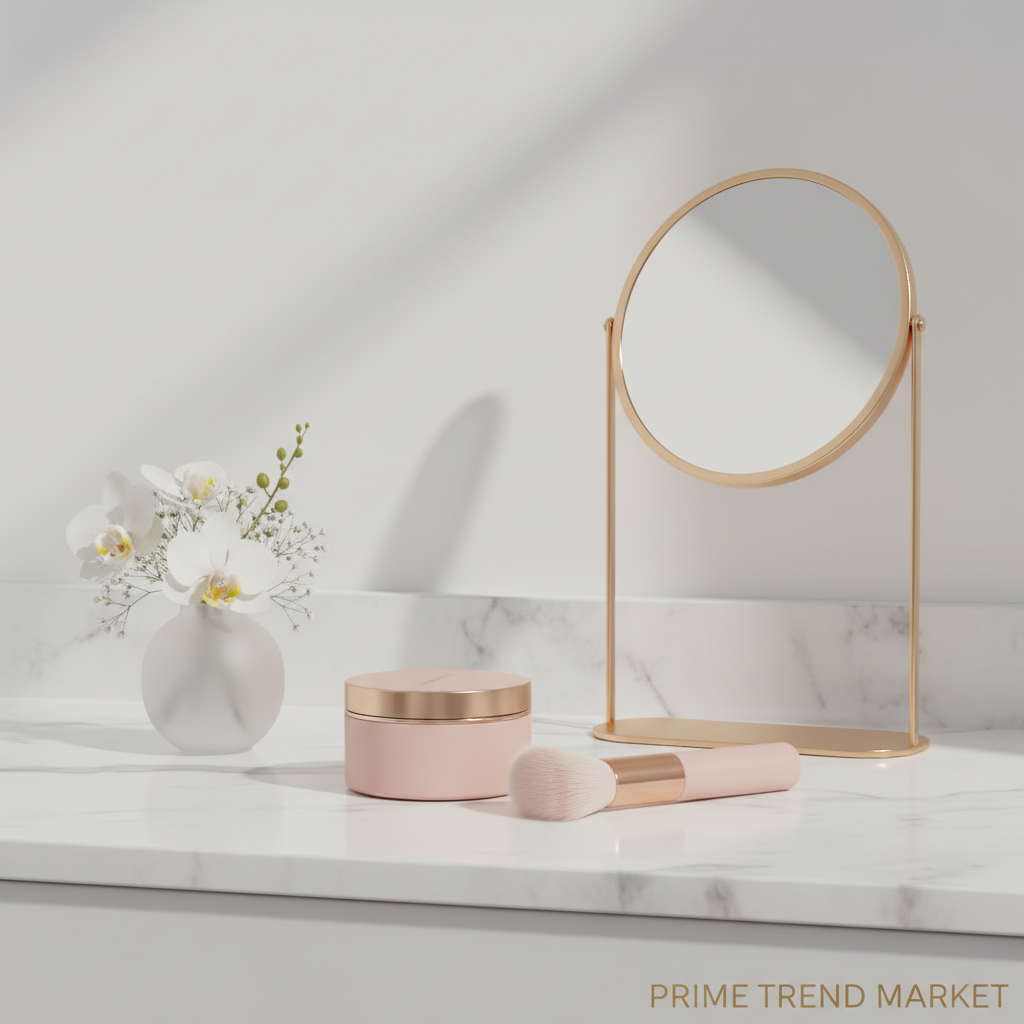 Luxury vanity setup with setting cream compact and gold mirror