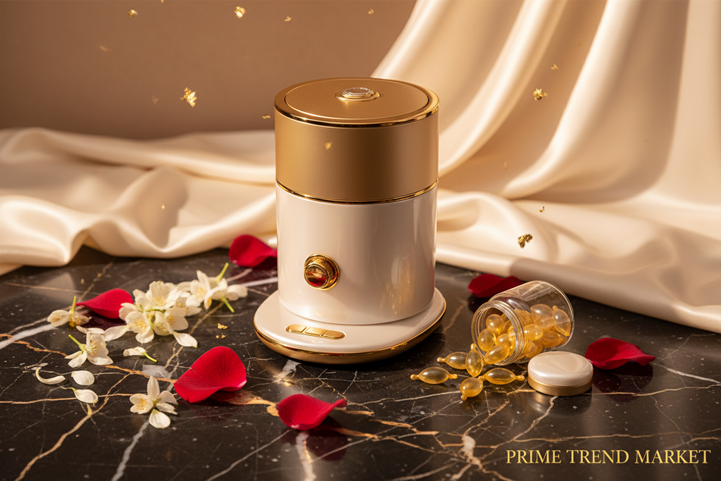 Elegant DIY Face Mask Maker on black marble with collagen capsules and jasmine petals