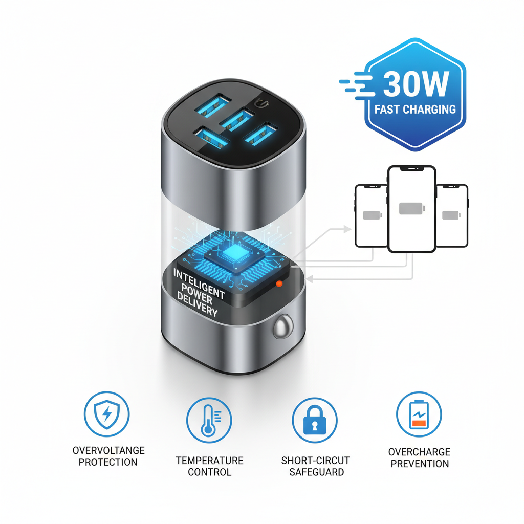 30W USB car charger feature infographic with safety protection icons