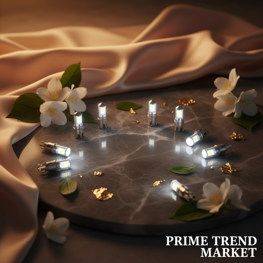 14-piece T10 LED car interior bulb kit arranged on dark marble with jasmine flowers and gold accents