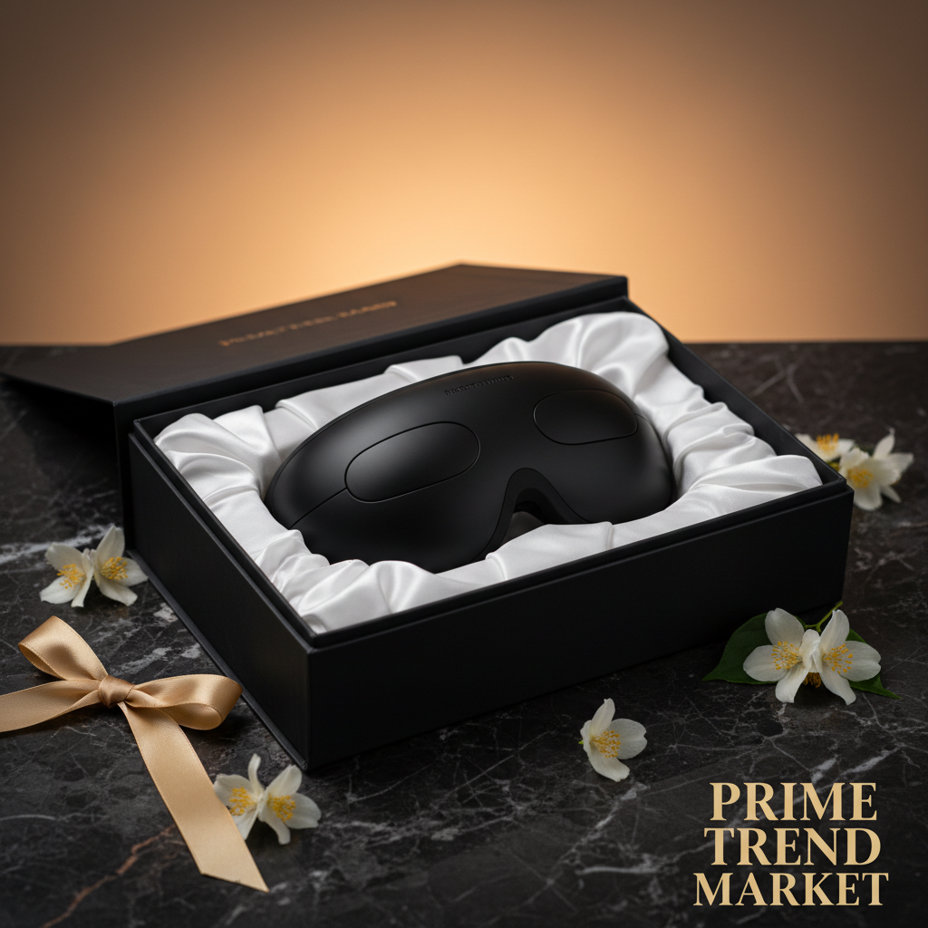 Luxury rechargeable eye hydration massage mask in matte black gift box with jasmine petals and amber light