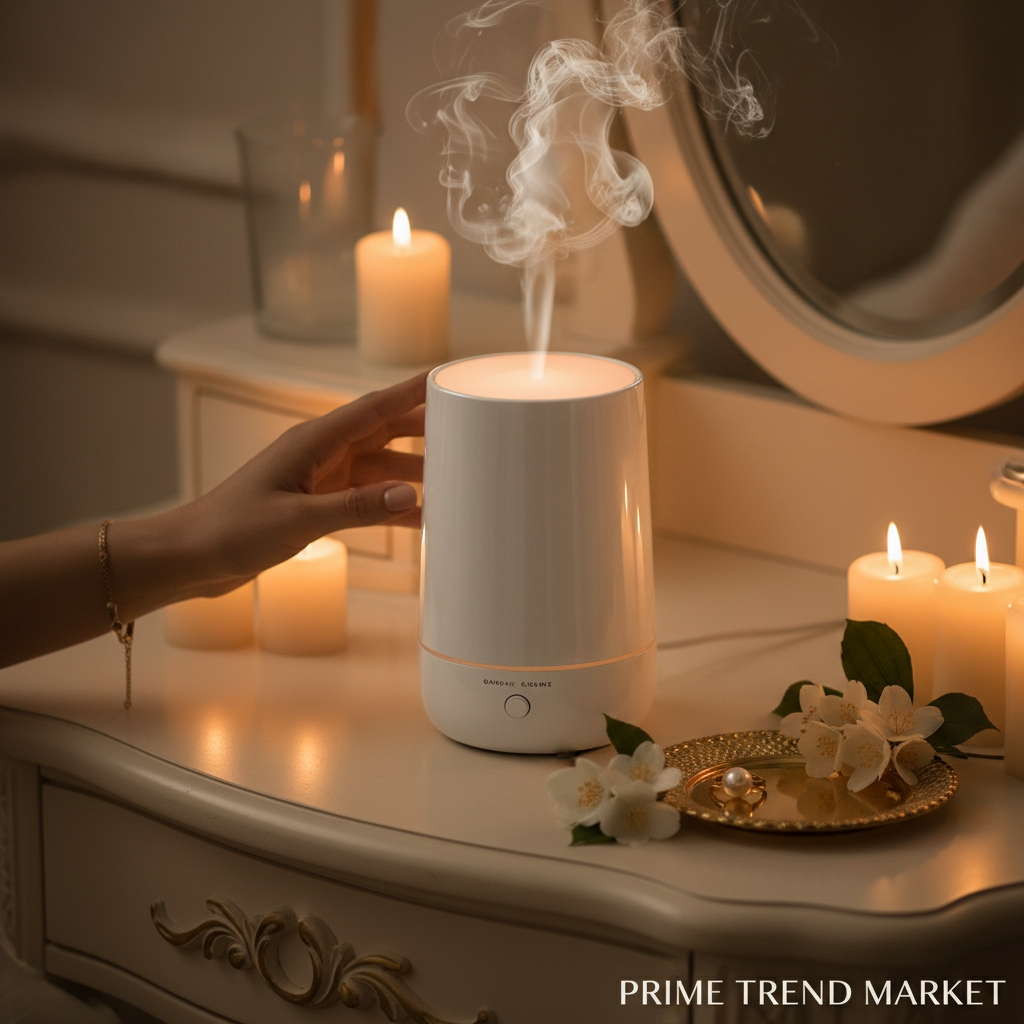Pearl white luxury automatic ultrasonic aroma diffuser on cream vanity with jasmine and amber candlelight