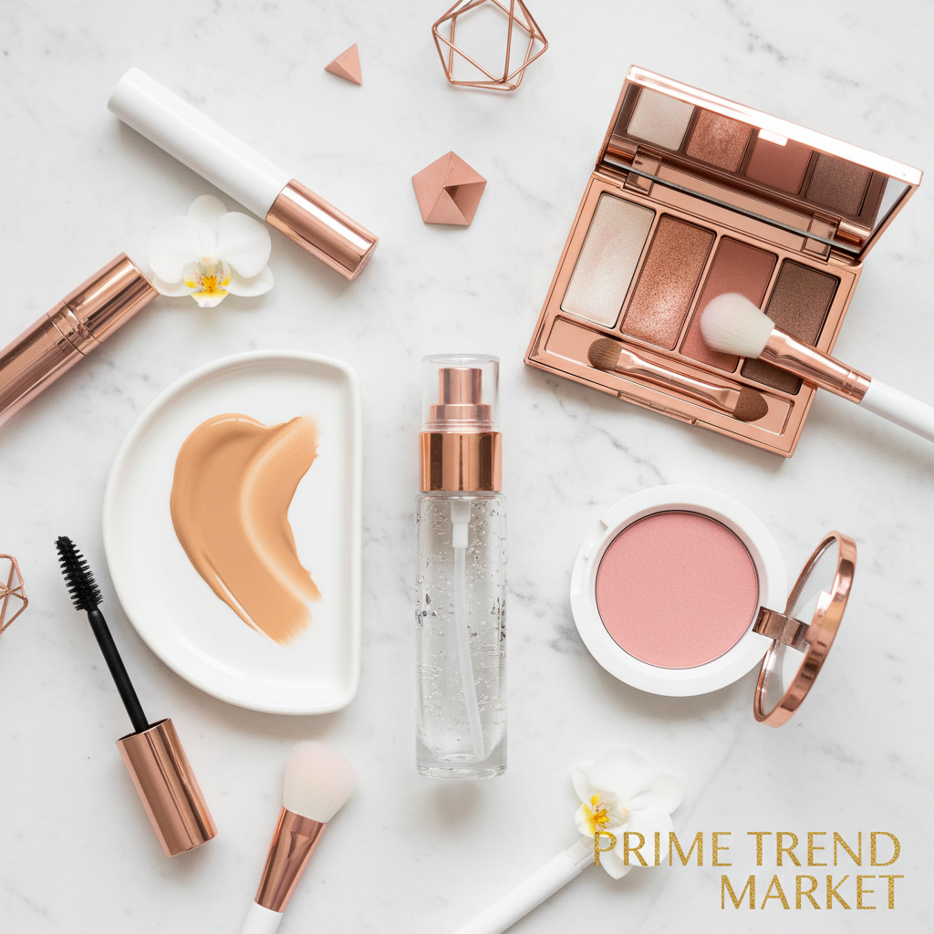 Setting spray with full makeup look flat lay