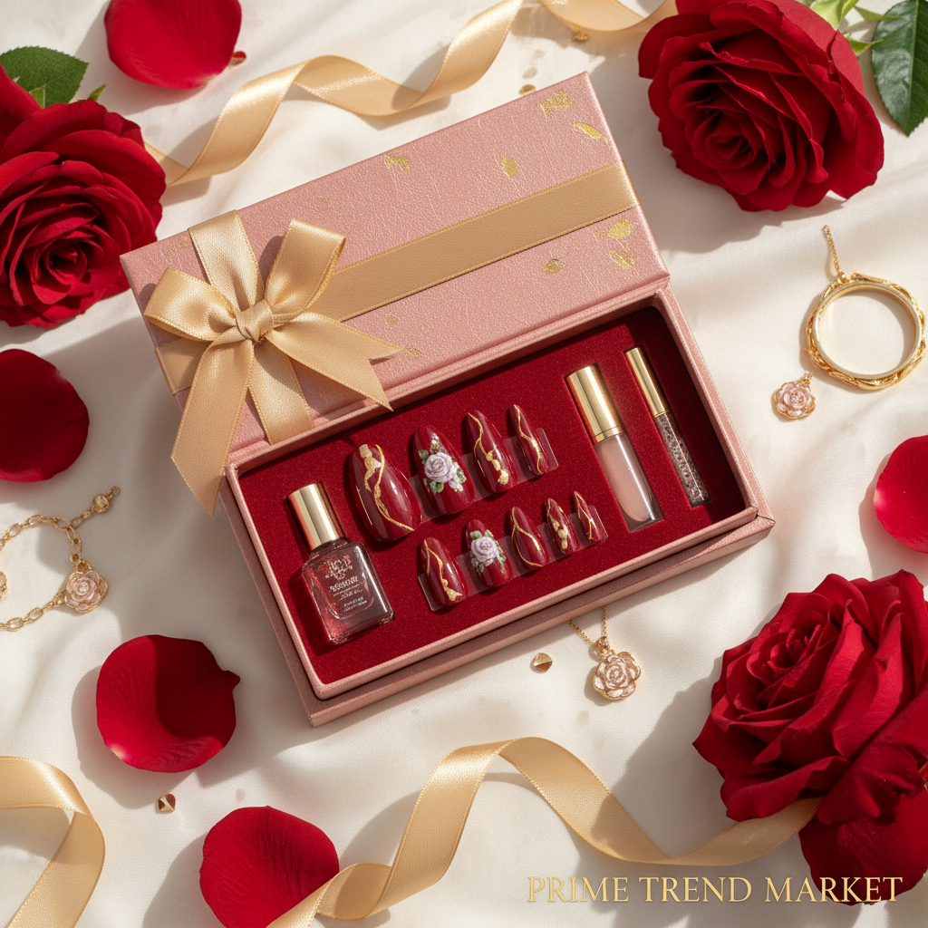 Rose Red Artistic Press-On Nails — Gift Set