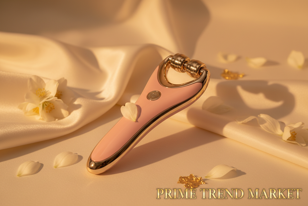 Elegant Pink V-Face Neck Lifting Beauty Instrument on cream ivory surface with gold accents