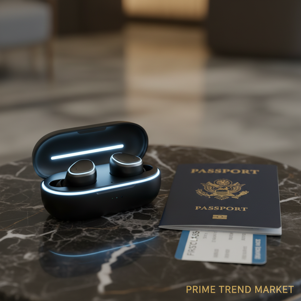 AI translator earbuds with LED case next to passport — Prime Trend Market