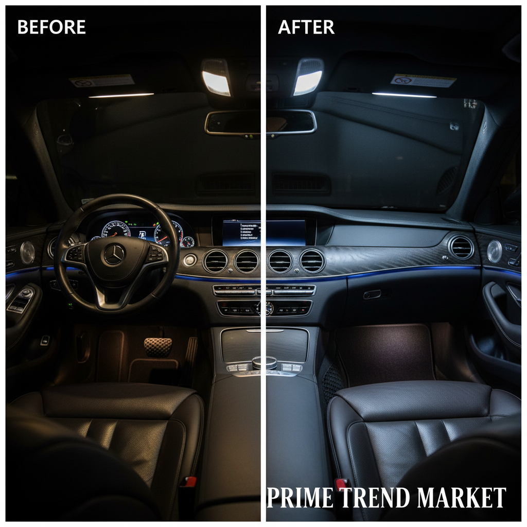 Before and after comparison of dim yellow stock bulbs vs bright white LED upgrade in car interior