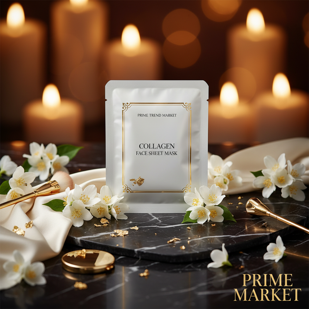 Luxury Collagen Face Sheet Mask on dark marble with jasmine flowers