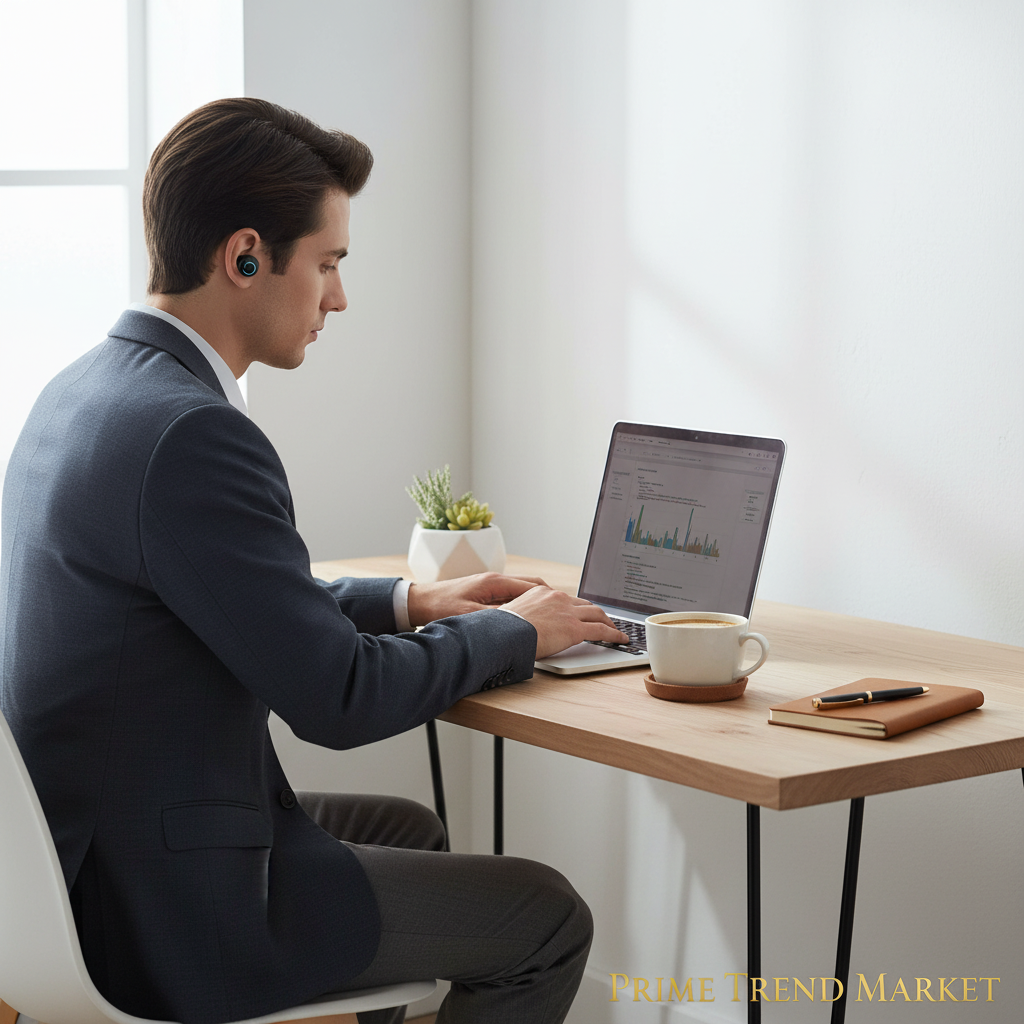 Person wearing TWS earbuds while working at minimalist desk — Prime Trend Market