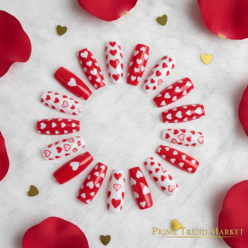 24pc red and white heart nail art press-on nails fan display on white velvet with gold heart confetti