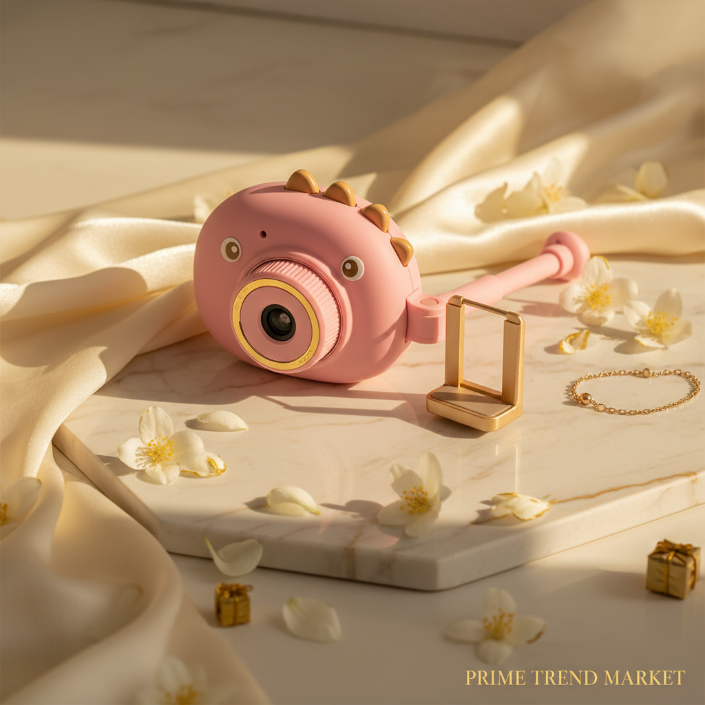 SnapPro Pink Dino camera on ivory marble