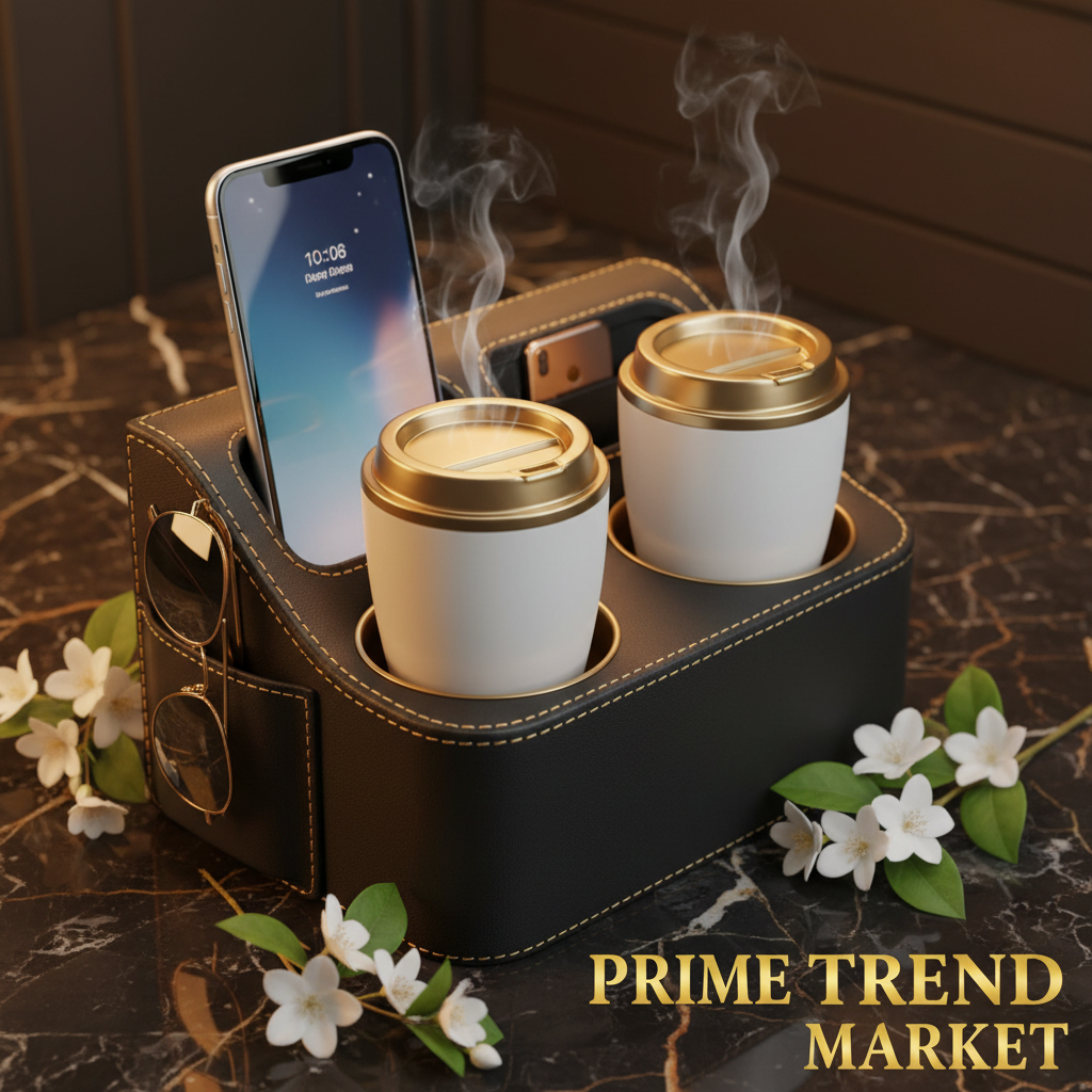 Close-up of dual cup holders and phone slot on seat gap organizer – Prime Trend Market