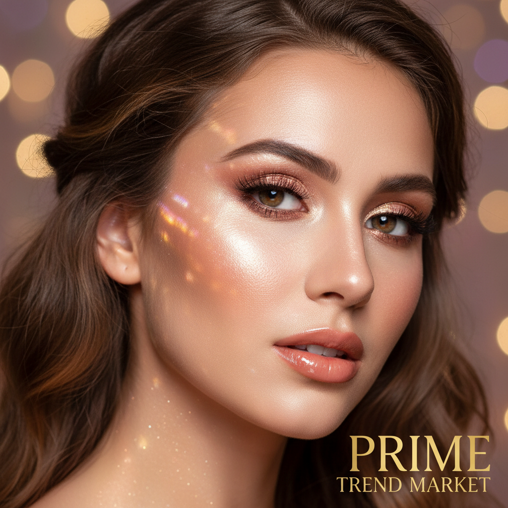 Woman with radiant glowing highlighted cheekbones festival glam look