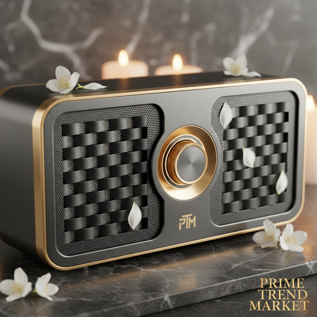 Smart Bluetooth speaker close-up premium build quality with jasmine and gold — Prime Trend Market