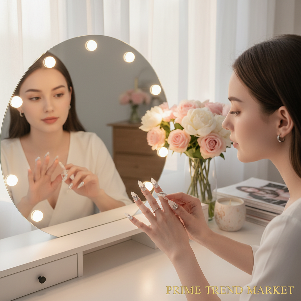 Woman applying white butterfly press-on nails - Prime Trend Market