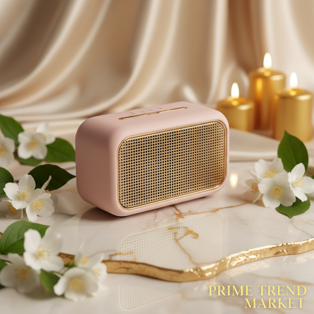 Pink mini wireless Bluetooth speaker on cream ivory luxury surface with jasmine — Prime Trend Market
