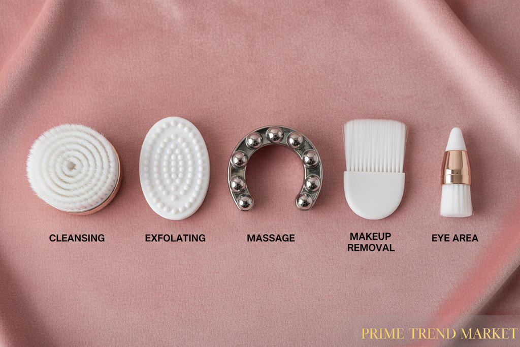 5 interchangeable facial brush heads for cleansing, exfoliating, massage and makeup removal — Prime Trend Market